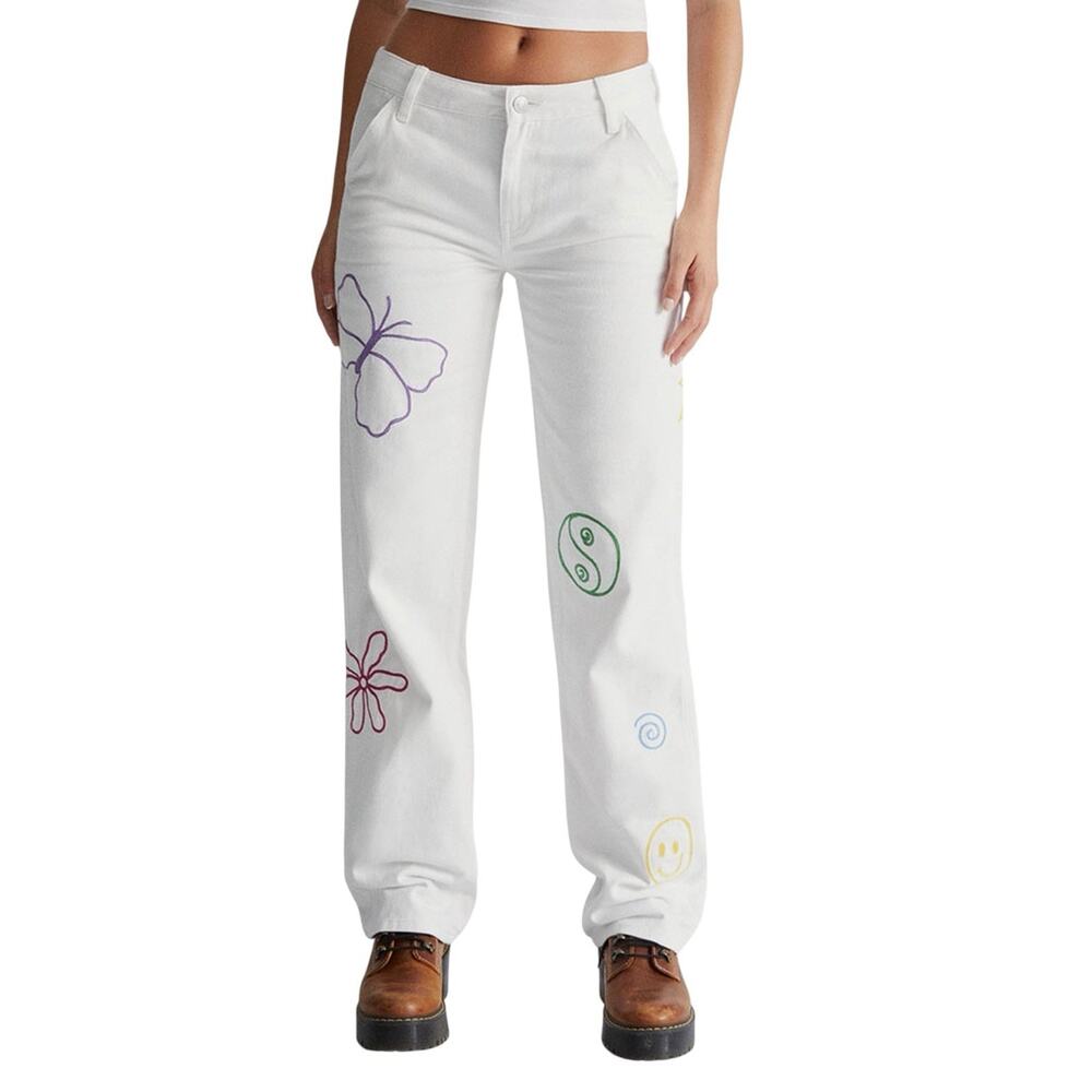 NWT PacSun Low Rise Carpenter Pants Womens Size 27 Embroidered White 100% Cotton